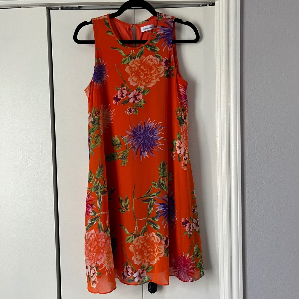 Calvin Klein Floral Print Sleeveless Dress‎ Orange Purple Size 10 Party Cruise - Picture 4 of 4